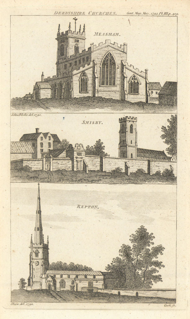 St Laurence Measham. St James Smisby. St Wystan Repton. Derbyshire churches 1792